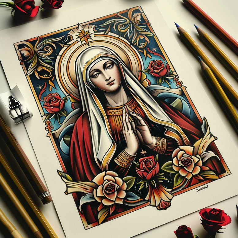 mary-mother-symbol – tattoo design ideas free ai generated – moist-effect – for-scapula – Gallery: mary-inkby-ai