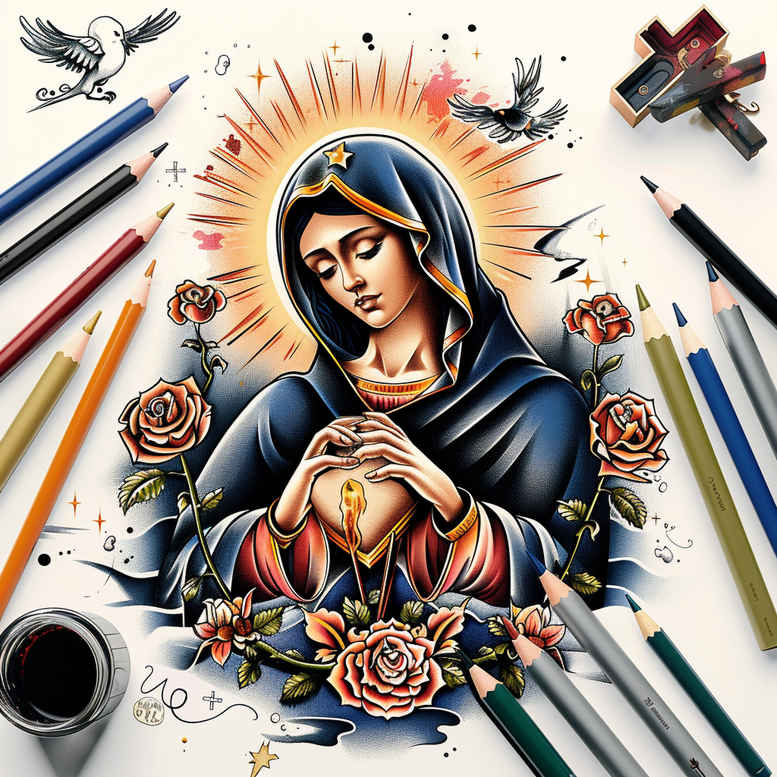 mary-peace-symbol – tattoo design ideas free ai generated – focal-blur – for-scapula – Gallery: mary-inkby-ai