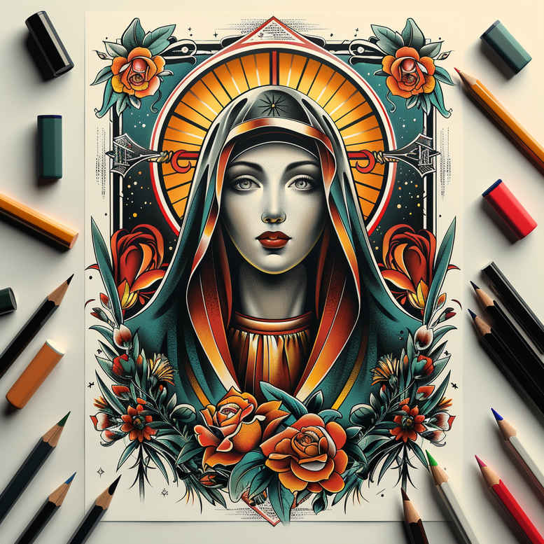 mary-peace-symbol – tattoo design ideas free ai generated – living-skin – for-abdomen – Gallery: mary-inkby-ai