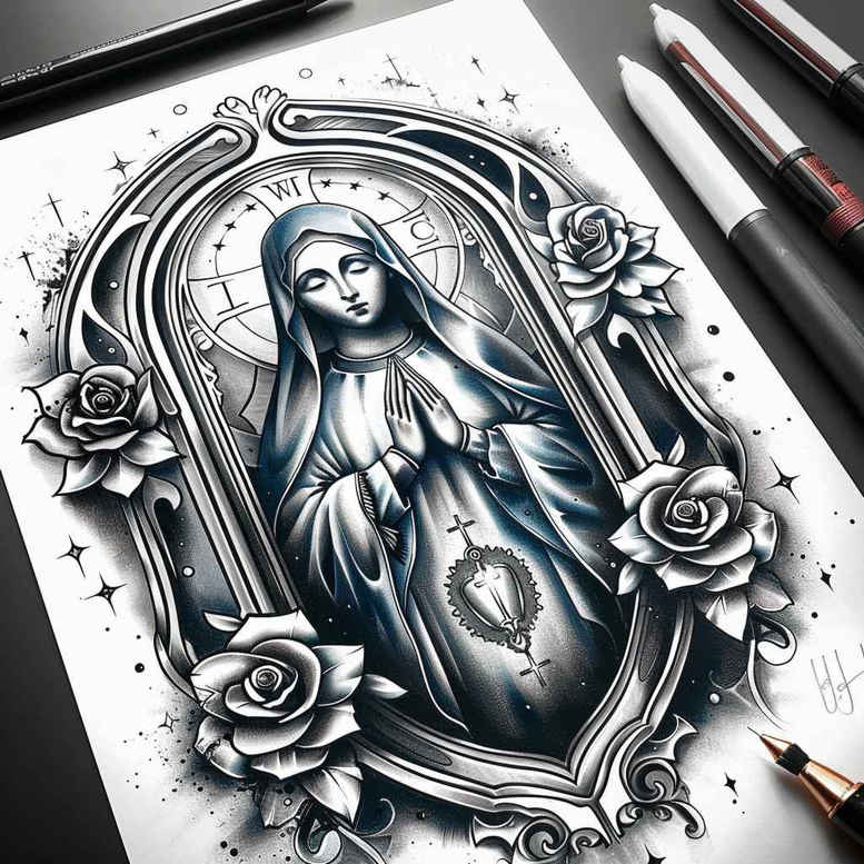 mary-purity-symbol – tattoo design ideas free ai generated – crisp-detail – for-upper-shoulder – Gallery: mary-inkby-ai