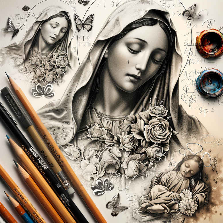 mary-purity-symbol – tattoo design ideas free ai generated – ink-layering – for-behind-ear – Gallery: mary-inkby-ai