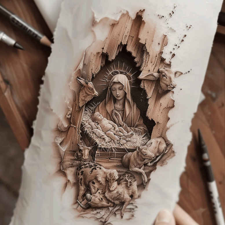 mary-tattoo – tattoo design ideas free ai generated – cgi-realism – for-back-shoulder – Gallery: mary-inkby-ai