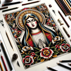 mary-tattoo – tattoo design ideas free ai generated – natural-color-palette – for-upper-chest – Gallery: mary-inkby-ai