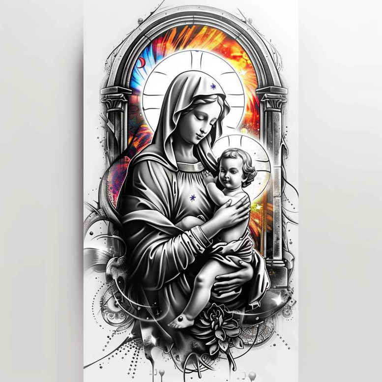 mary-with-angels – tattoo design ideas free ai generated – realistic-shadowing – for-shin – Gallery: mary-inkby-ai