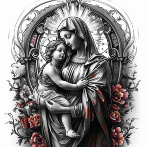 mary-with-angels – tattoo design ideas free ai generated – smooth-complexion – for-chest – Gallery: mary-inkby-ai