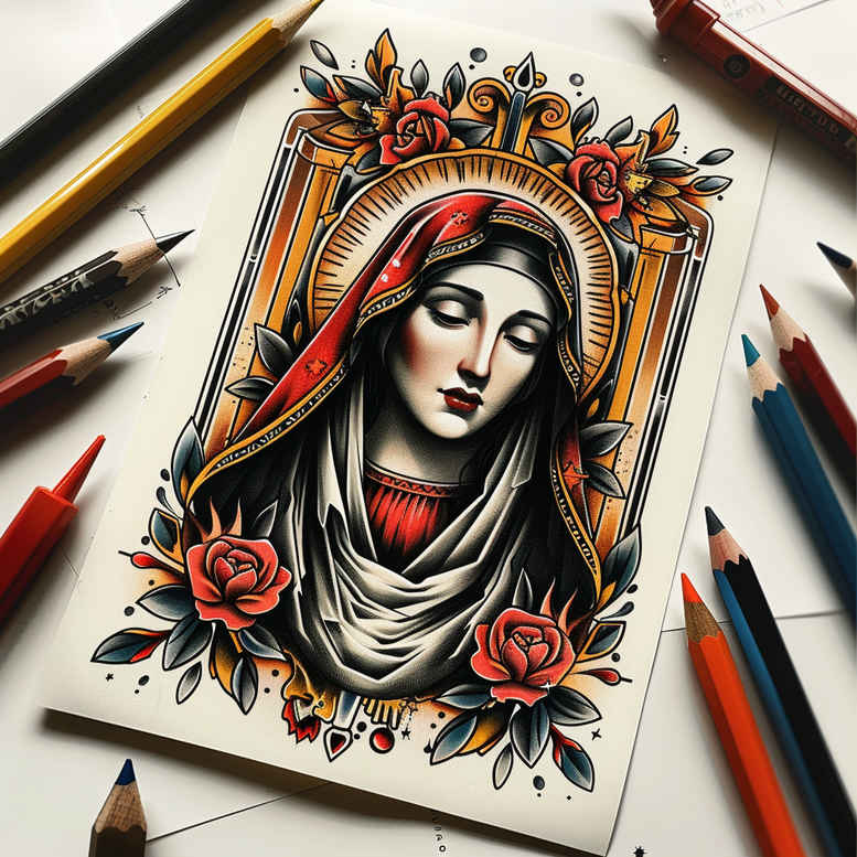 mary-with-angels – tattoo design ideas free ai generated – smooth-gradients – for-lower-chest – Gallery: mary-inkby-ai