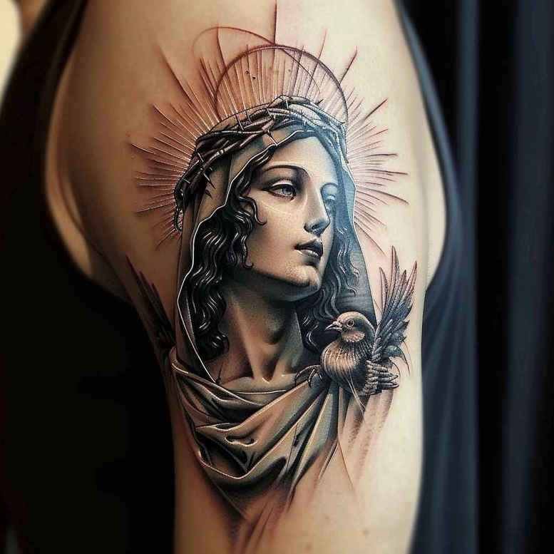mary-with-child – tattoo design ideas free ai generated – contour-shading – for-lower-thigh – Gallery: mary-inkby-ai