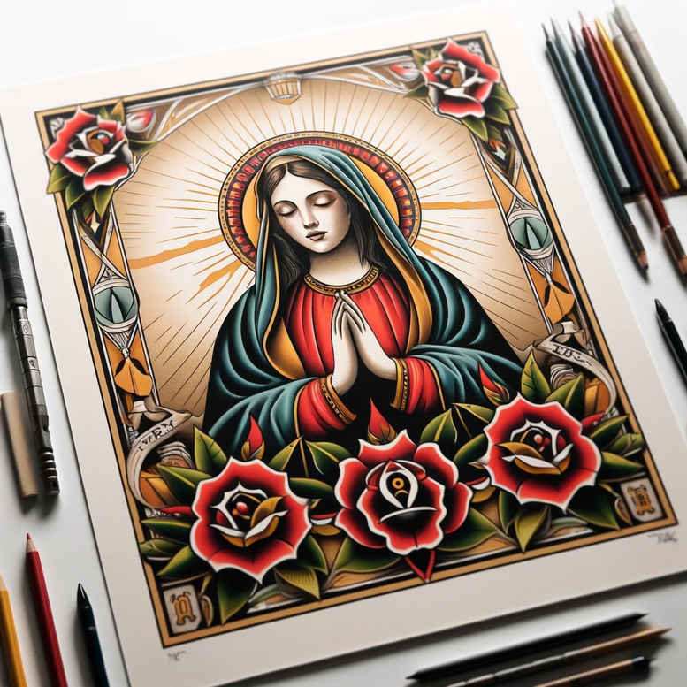 mary-with-child – tattoo design ideas free ai generated – natural-tones – for-upper-shoulder – Gallery: mary-inkby-ai
