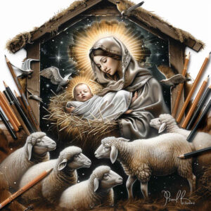 mary-with-cloak – tattoo design ideas free ai generated – contrast-ink – for-lower-arm – Gallery: mary-inkby-ai