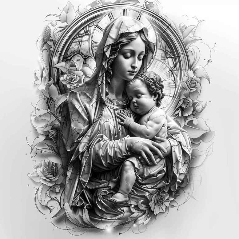 mary-with-cloak – tattoo design ideas free ai generated – natural-look – for-upper-thigh – Gallery: mary-inkby-ai