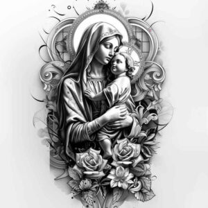 mary-with-cloak – tattoo design ideas free ai generated – optical-depth – for-side – Gallery: mary-inkby-ai