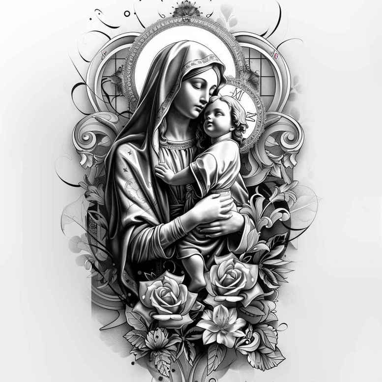 mary-with-cloak – tattoo design ideas free ai generated – optical-depth – for-side – Gallery: mary-inkby-ai