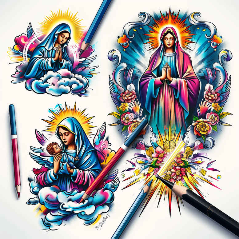 mary-with-crown – tattoo design ideas free ai generated – detailed-rendering – for-back-shoulder – Gallery: mary-inkby-ai