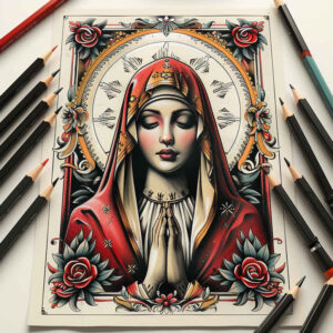 mary-with-crown – tattoo design ideas free ai generated – lifelike – for-lower-thigh – Gallery: mary-inkby-ai
