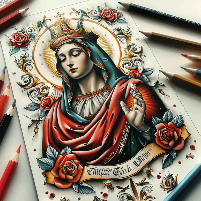 mary-with-crown – tattoo design ideas free ai generated – reflective-light – for-outer-arm – Gallery: mary-inkby-ai