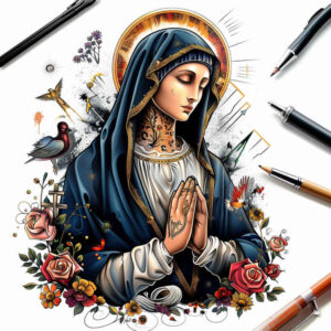 mary-with-crown-of-thorns – tattoo design ideas free ai generated – natural-contours – for-abdomen – Gallery: mary-inkby-ai