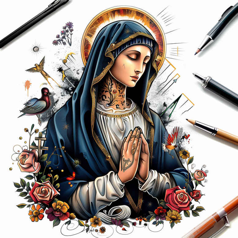 mary-with-crown-of-thorns – tattoo design ideas free ai generated – natural-contours – for-abdomen – Gallery: mary-inkby-ai