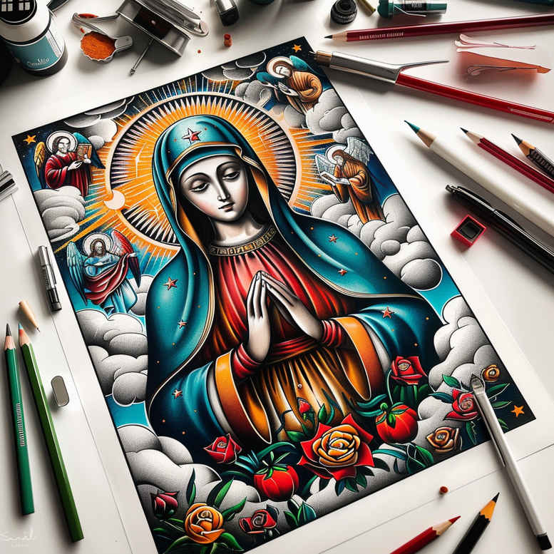 mary-with-crown-of-thorns – tattoo design ideas free ai generated – realistic-texture – for-lower-thigh – Gallery: mary-inkby-ai