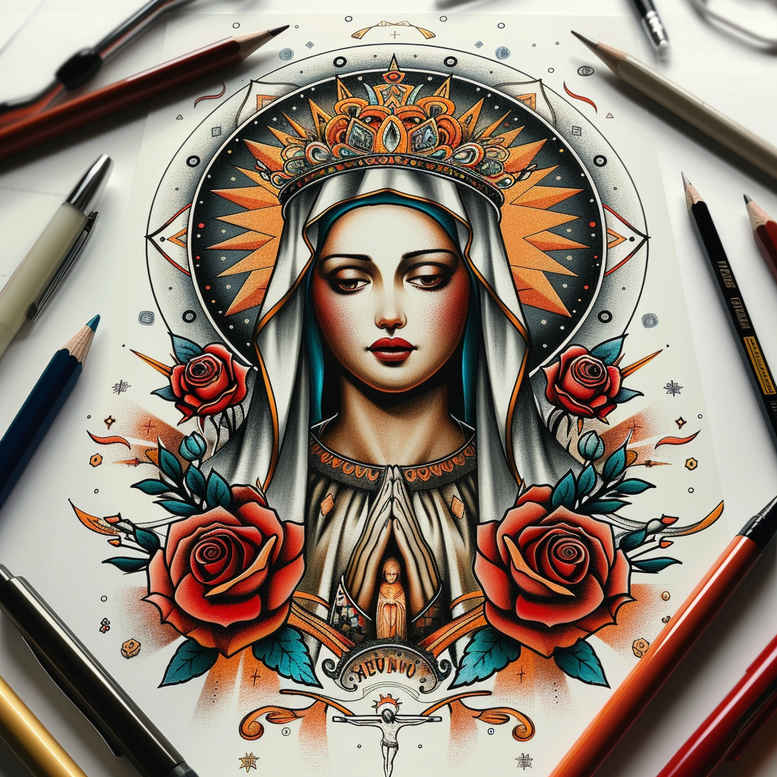 mary-with-crown-of-thorns – tattoo design ideas free ai generated – skin-texture – for-temple – Gallery: mary-inkby-ai