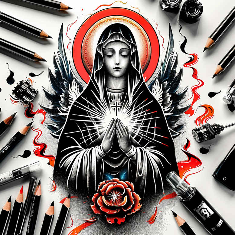 mary-with-detail – tattoo design ideas free ai generated – rich-blacks – for-lower-thigh – Gallery: mary-inkby-ai