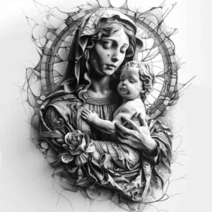 mary-with-flowers – tattoo design ideas free ai generated – color-precision – for-side – Gallery: mary-inkby-ai