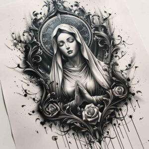 mary-with-flowers – tattoo design ideas free ai generated – depth-perception – for-lower-back – Gallery: mary-inkby-ai
