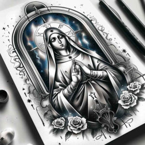 mary-with-flowers – tattoo design ideas free ai generated – inner-glow – for-chest – Gallery: mary-inkby-ai