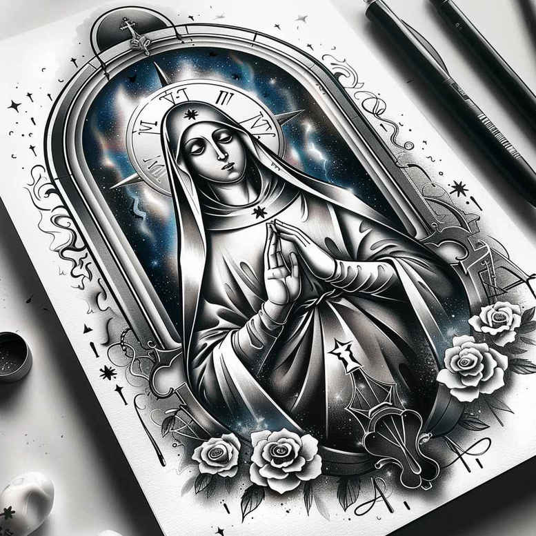mary-with-flowers – tattoo design ideas free ai generated – inner-glow – for-chest – Gallery: mary-inkby-ai