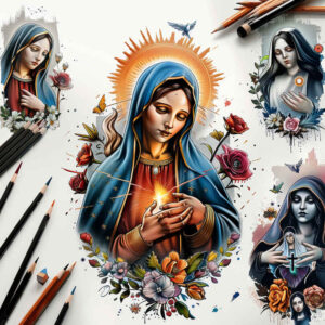 mary-with-flowers – tattoo design ideas free ai generated – living-skin – for-heel – Gallery: mary-inkby-ai