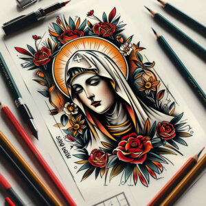 mary-with-flowers – tattoo design ideas free ai generated – micro-realism – for-side – Gallery: mary-inkby-ai