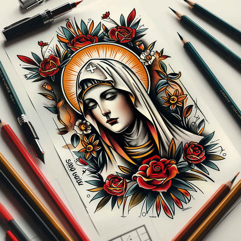 mary-with-flowers – tattoo design ideas free ai generated – micro-realism – for-side – Gallery: mary-inkby-ai