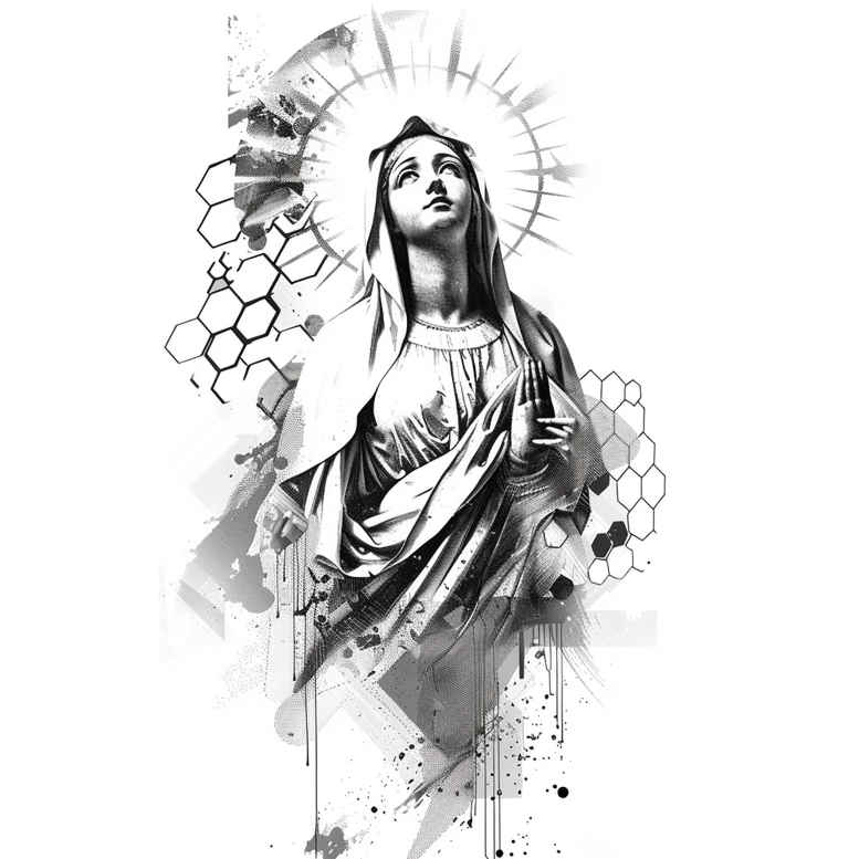 mary-with-flowers – tattoo design ideas free ai generated – natural-luminosity – for-upper-arm – Gallery: mary-inkby-ai