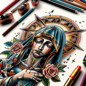 mary-with-flowers – tattoo design ideas free ai generated – realistic-wrinkles – for-full-back – Gallery: mary-inkby-ai