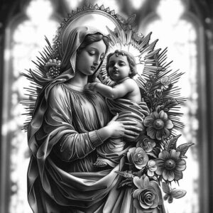 mary-with-grace – tattoo design ideas free ai generated – cgi-realism – for-outer-arm – Gallery: mary-inkby-ai