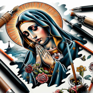 mary-with-grace – tattoo design ideas free ai generated – digital-realism – for-shoulder-blade – Gallery: mary-inkby-ai
