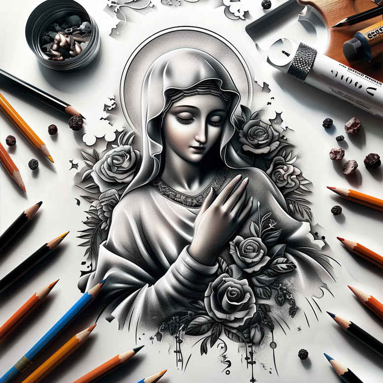 mary-with-halo – tattoo design ideas free ai generated – glass-effect – for-sternum – Gallery: mary-inkby-ai