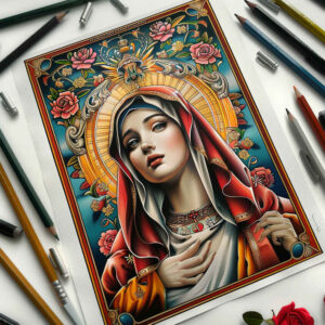 mary-with-halo – tattoo design ideas free ai generated – natural-color-palette – for-elbow – Gallery: mary-inkby-ai