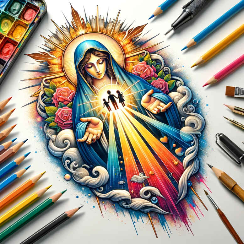 mary-with-halo – tattoo design ideas free ai generated – natural-luminosity – for-side-torso – Gallery: mary-inkby-ai