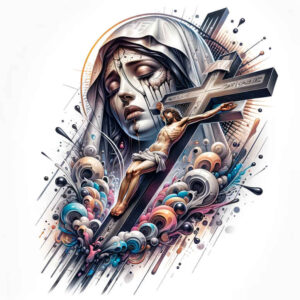 mary-with-halo – tattoo design ideas free ai generated – refined-contrast – for-upper-back – Gallery: mary-inkby-ai