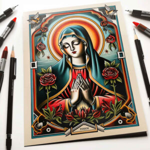 mary-with-halo – tattoo design ideas free ai generated – soft-highlights – for-chest – Gallery: mary-inkby-ai