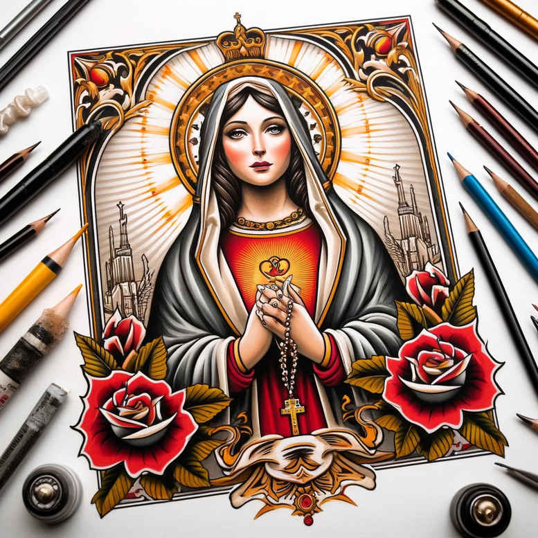 mary-with-light – tattoo design ideas free ai generated – depth-illusion – for-back – Gallery: mary-inkby-ai