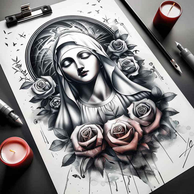 mary-with-light – tattoo design ideas free ai generated – realistic-wrinkles – for-wrist – Gallery: mary-inkby-ai