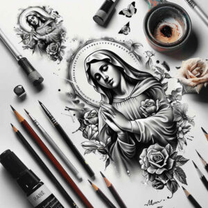 mary-with-prayer – tattoo design ideas free ai generated – clean-whites – for-upper-arm – Gallery: mary-inkby-ai
