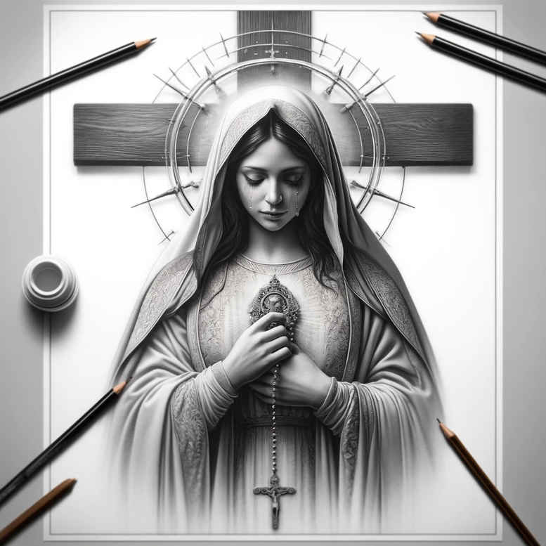 mary-with-prayer – tattoo design ideas free ai generated – lifelike-eyes – for-thigh – Gallery: mary-inkby-ai