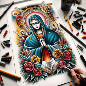 mary-with-prayer – tattoo design ideas free ai generated – natural-contours – for-stomach – Gallery: mary-inkby-ai