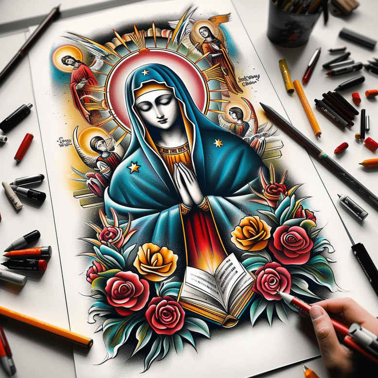 mary-with-prayer – tattoo design ideas free ai generated – natural-contours – for-stomach – Gallery: mary-inkby-ai