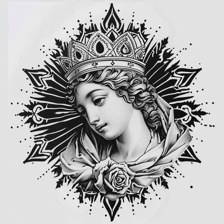 mary-with-prayer – tattoo design ideas free ai generated – organic-structure – for-full-back – Gallery: mary-inkby-ai