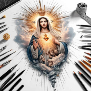 mary-with-prayer – tattoo design ideas free ai generated – real-shadows – for-ribs – Gallery: mary-inkby-ai