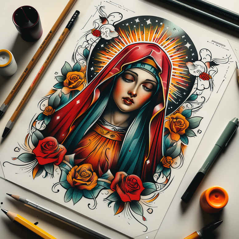 mary-with-prayer – tattoo design ideas free ai generated – skin-realism – for-lower-back – Gallery: mary-inkby-ai