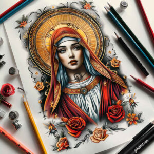 mary-with-prayer – tattoo design ideas free ai generated – studio-quality – for-shoulder – Gallery: mary-inkby-ai